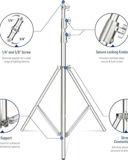 NEEWER 2Pcs 9.2ft Stainless Steel Light Stands, Spring Cushioned Heavy Duty Photography Tripod Stand with 1/4"-3/8" Adapter for Strobe Video Ring Light Monolight Softbox, 22lb Max Load, ST-280SS