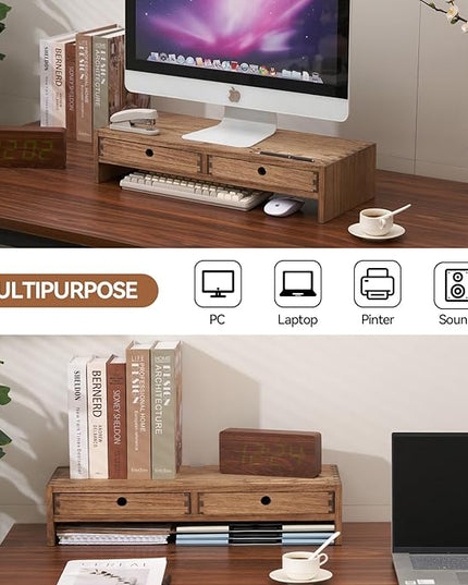 KIRIGEN Wood Monitor Stand with 2 Drawers - Computer Arm Riser Desk Storage Organizer,Speaker TV Laptop Printer Stand with Pen Slot and Cable Management,Dark Brown Desktop Shelf for Office DBR-2PMJ