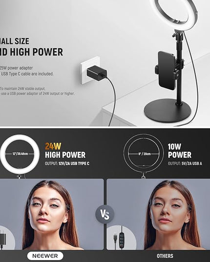 NEEWER 12" 24W High Power Desk Ring Light with Stand/Phone Holder, LED Selfie Video Conference Lighting for iPhone Streaming Makeup Vlog Recording Laptop Computer Webcam Zoom Call Podcast, RH12B