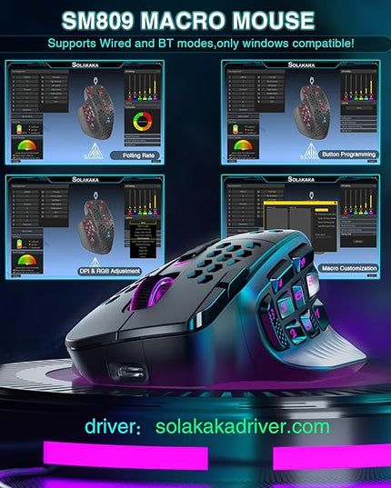 SOLAKAKA SM809 Pro Gaming Mouse with 9 Side Buttons,24000 DPI RGB Mouse for Gamer,16 Programmable Macros MMO Mouse,Black