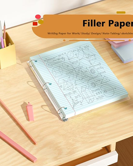 Blue Loose Leaf Paper 100 Sheets Colored Filler Paper 8 * 10.5 College Ruled 3-Hole Punched Paper for 3-Ring Binders Notebook Lined 8" x 10.5"