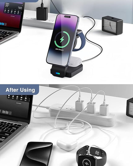3 in 1 Charging Station for Apple MagSafe Charger, Foldable Wireless Charging Station Magnetic Wireless Charger Stand for iPhone 17 Air/16/15/14/13/12 Series/Apple Watch10-2/Airpods (Black)