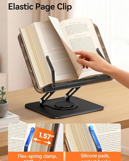 Tounee Book Stand, 360° Rotating Reading Book Holder, Adjustable Cookbook Holder for Reading Hands-Free, Foldable Desktop Recipe Book Stand with Protective Page Clips, Fits All Books - Black