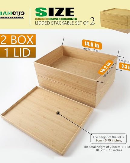 Stackable Bamboo Drawer Organizer Set – 2 Boxes with 1 Lid | Wood-Laminated Trays for Kitchen Utensils, Silverware & Flatware – Fits Cabinets, Pantry, Bathroom & Office | 14.6"x10.2" (2-Pack)