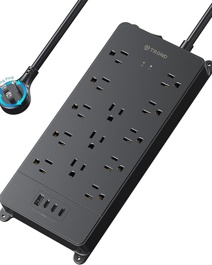 TROND 360° Rotating Flat Plug, Surge Protector Power Strip, 13AC Widely Spaced Outlets Expansion with 3 USB C Ports, 4000J, 5ft Extension Cord Heavy Duty, Wall Mount, Under Desk, ETL Listed, Black