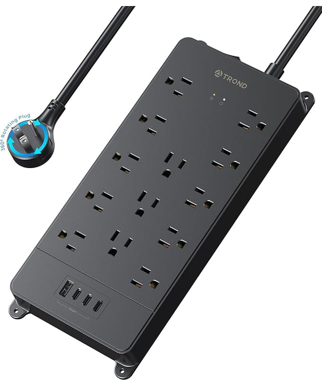 TROND 360° Rotating Flat Plug, Surge Protector Power Strip, 13AC Widely Spaced Outlets Expansion with 3 USB C Ports, 4000J, 5ft Extension Cord Heavy Duty, Wall Mount, Under Desk, ETL Listed, Black