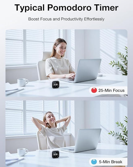 TK3 Pomodoro Timer Cube, Desk Productivity Timer with 5/10/30/60 Min Presets, Custom Countdown, Stopwatch, Clock, 3 Alarm, Silent, Vibrate & Sound Alert, for Task, ADHD, Study, Kitchen, White
