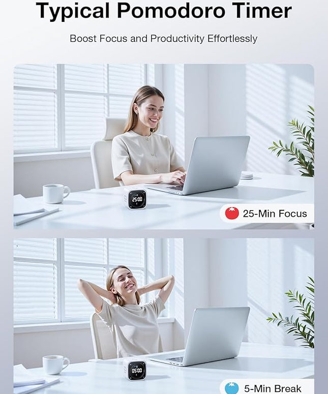 TK3 Pomodoro Timer Cube, Desk Productivity Timer with 5/10/30/60 Min Presets, Custom Countdown, Stopwatch, Clock, 3 Alarm, Silent, Vibrate & Sound Alert, for Task, ADHD, Study, Kitchen, White