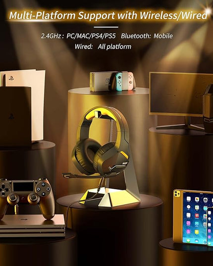 BINNUNE 2.4GHz Wireless Gaming Headset, Bluetooth 5.3 Gaming Headphones with Noise Canceling Mic, 120H Ultra-Long Battery, 50mm Drivers, Multi-Platform for PC / PS5 /PS4/ Switch/Mobile, Yellow