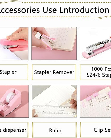 Office Supplies Set,Desk Accessories,Stapler and Tape Dispenser Set,1000 Staples,Staple Remover,Hinder Clips,Ruler,Scissor,Clear Tape,Ballpoint Pen,Sticky Notes,Gifts for Colleagues(Pink)