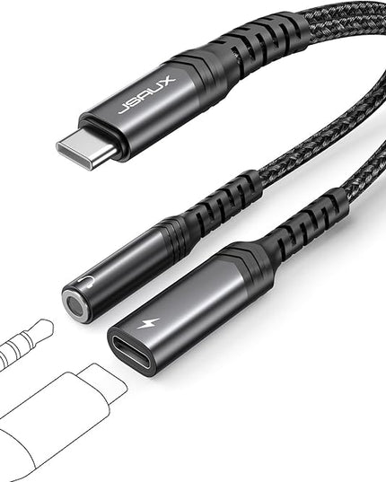JSAUX USB C to 3.5mm Headphone and Charger Adapter,2-in-1 USB C to Aux Audio Adapter with PD 60W Fast Charging Compatible with iPhone 15 pro max/15 pro/15 Plus /15-Black
