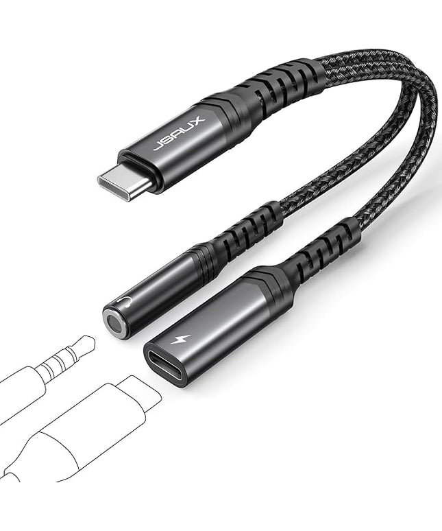 JSAUX USB C to 3.5mm Headphone and Charger Adapter,2-in-1 USB C to Aux Audio Adapter with PD 60W Fast Charging Compatible with iPhone 15 pro max/15 pro/15 Plus /15-Black