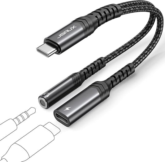 JSAUX USB C to 3.5mm Headphone and Charger Adapter,2-in-1 USB C to Aux Audio Adapter with PD 60W Fast Charging Compatible with iPhone 15 pro max/15 pro/15 Plus /15-Black