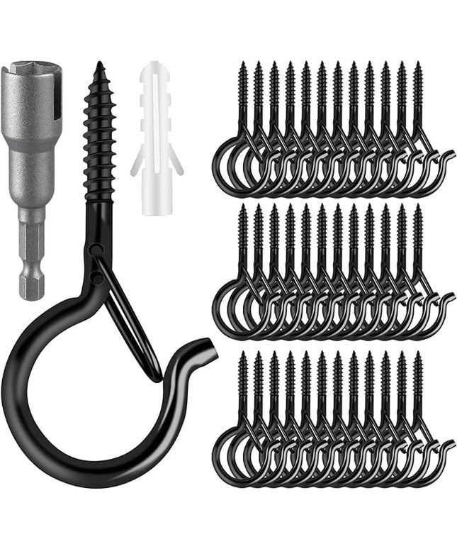 Q Hangers 100 Pack Screw-in Hooks for Outdoor String Lights, Swivel Hanging Basket Patio Hooks with Safe Buckle Screw in Eye Planter Hooks for Wall Ceiling
