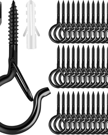 50 Pack Screw-in Hooks for Outdoor String Lights, Q Hangers Light Outside, Swivel Hanging Basket Patio with Safe Buckle Screw in Planter Eye Hook Wall Ceiling, Black