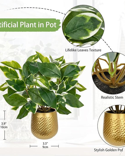 Oairse Articicial Plants Indoor Small Fake Plants in Pots Faux Pothos N‘ Joy Potted Plant Fake Indoor Plants with Gold Pots for Bathroom Living Room Office Desk Shelves