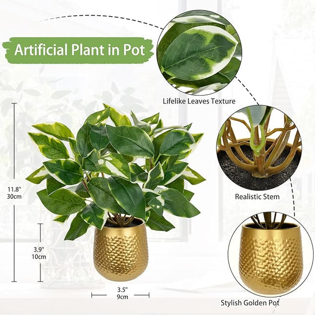 Oairse Articicial Plants Indoor Small Fake Plants in Pots Faux Pothos N‘ Joy Potted Plant Fake Indoor Plants with Gold Pots for Bathroom Living Room Office Desk Shelves