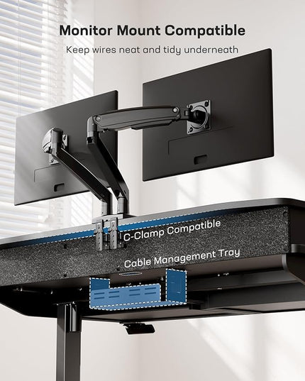 HUANUO 48 x 30 inch Electric Standing Desk with Wood Drawers, Adjustable Height Sit Stand Home Office Desk with Two Tiers, Ergonomic Adjustable Stand up Desk C-Clamp Monitor Mount Compatible, Black