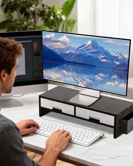 Desk Monitor Stand Riser, Double Drawer Ergonomic Organizer, Computer Desk Riser for Monitors and Accessories, Durable Wood Material, Family Friends Home Offices Indoor Study Bedroom Room Workstation