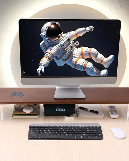 SUIBIAN Elegant Wood & Acrylic Monitor Stand with 15W Wireless Charging – 31.5" Large Desk Riser for Ergonomic View, Desktop Organizer, Laptop & PC | Modern Floating Design(Walnut Wood)