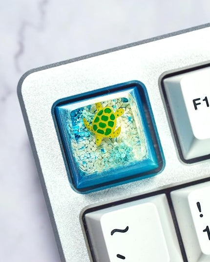 Sea Turtle Artisan Keycap Light Blue and White Coral R1 SA Profile Custom Sea Creatures Keycaps 1U ESC Handmade Gaming Resin Key Cap Cherry MX Switch Compatible Mechanical Keyboard Turtle Lover Gift