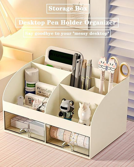 Desk Organizer with 6 Compartments and 2 Drawers, Plastic Makeup Organizer, Pen Holder for Desktop Storage, Desk Organization for School, Home, Office Supplies (Ivory)