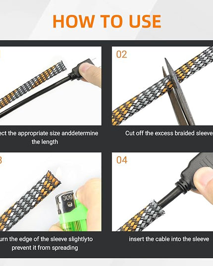 Braided Expandable Cable Sleeve, 25ft PP Cotton and PET Braided Cable Management, Flexible Mesh Wire Loom and Cable Protector for TV, Computer, Home Theater, Automotive (Orange White Grey, 5/16")