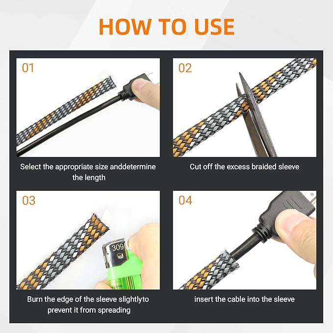 Braided Expandable Cable Sleeve, 25ft PP Cotton and PET Braided Cable Management, Flexible Mesh Wire Loom and Cable Protector for TV, Computer, Home Theater, Automotive (Orange White Grey, 1/2")