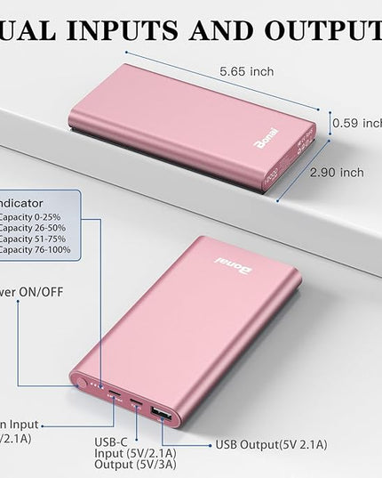 BONAI Portable Charger 12,000mAh 5V/3A Fast Charging Power Bank, Dural Input & Output Ports (USB-C in & Out) Portable Phone Charger for iPhone 17/16/15/14/13/12 Series Galxy Android iPad etc- Pink