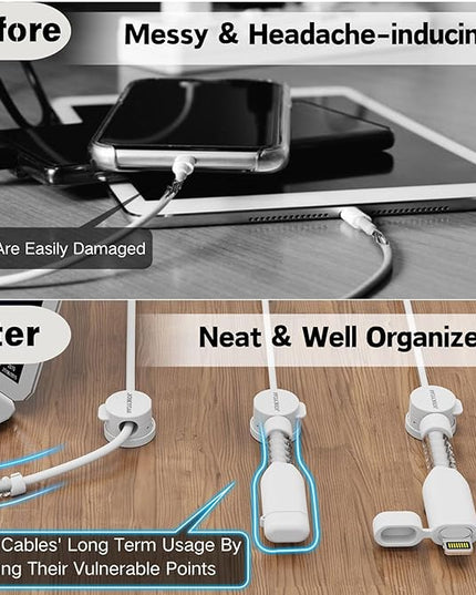 6 Desktop Cord Organizer Magnetic Spring Cable Clips Rotatable Cord Holder 2 Charging Cord Protecors for Nightstand Phone Charger Organizer Computer Desk Cable Management Appliance Adhesive Wire Strap