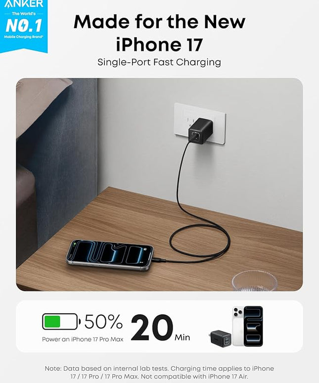 Anker Nano 47W USB C Charger, 2 Port Compact Foldable GaN Charger for iPhone 17 / 16, Galaxy, Pixel, Compatible with MagSafe (Black)