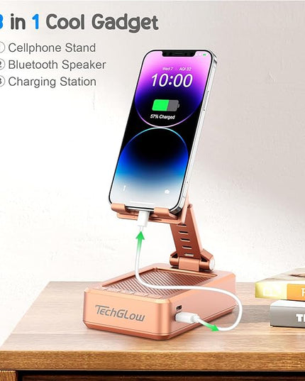 TechGlow Gifts for Men Women Foldable Cellphone Stand with Bluetooth Speaker and Charging Function Birthday Gift Idea for Mom Dad Cool Gadget Tech Gifts-Rose Gold