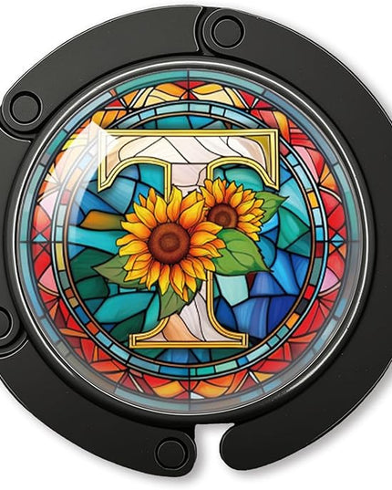 YAZMEEN Stained Glass Initial Foldable Purse Hook for Table, Stained Glass Letter T, Women's Handbag Hanger Holder, Portable Purse Table Hanger, Funny Desk Hook Gifts for Mom Wife Sister Friend BFF