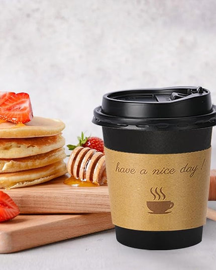 Lamosi 10 oz Coffee Cups with Lids 100 Pack, Disposable Coffee Cup with Stir Sticks and Sleeves, To Go Hot Paper Cup for Home, Travel, Office