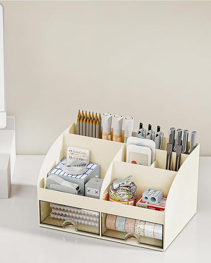 Desk Organizer with 6 Compartments and 2 Drawers, Plastic Makeup Organizer, Pen Holder for Desktop Storage, Desk Organization for School, Home, Office Supplies (Ivory)