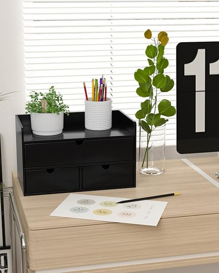 Wisuce Bamboo Desk Organizer - Mini Bamboo Desk Drawer Tabletop Cosmetic Storage Organization for Office or Home Black with Shelf