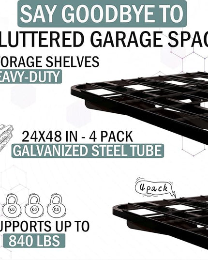 4-Pack 2x4ft Garage Wall Shelving, 4 Shelf Total 16 ft(L) Garage Shelving Wall Mounted, Heavy-Duty Storage Shelves, Perfect for Holding Storage Bins, Sporting Goods, Tools, and More Space-Saving