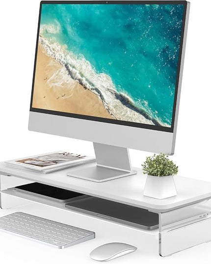 Fenge Acrylic Monitor Stand Riser, 23.6 Inches Monitor Stand with Metal Storage, 2 Tier Acrylic Computer Riser for Desk, Clear Laptop Stand for PC, Laptop, Printer, TV, White