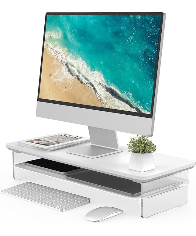 Fenge Acrylic Monitor Stand Riser, 23.6 Inches Monitor Stand with Metal Storage, 2 Tier Acrylic Computer Riser for Desk, Clear Laptop Stand for PC, Laptop, Printer, TV, White