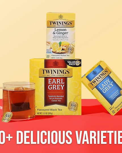 Twinings Earl Grey Black Tea Individually Wrapped Bags, 50 Count (Pack of 6), Flavoured with Citrus and Bergamot, Caffeinated, Enjoy Hot or Iced, 300 Teabags