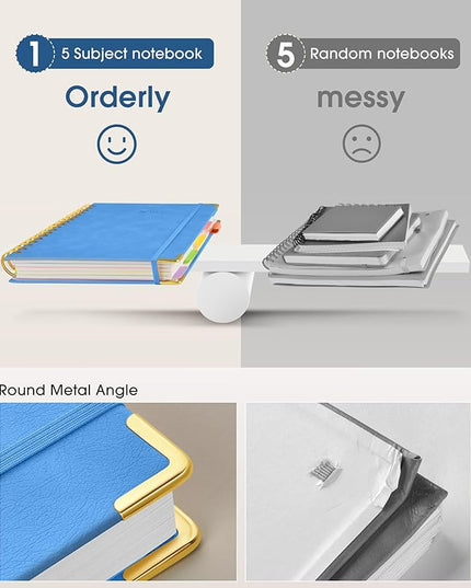 Hardcover Spiral Notebook Journal with Removable Dividers Tabs, 300 Pages Leather 5 Subject Notebook College Ruled, 8"x10" Large B5 Notebooks for Work School, Lined Journal for Women, Light Blue
