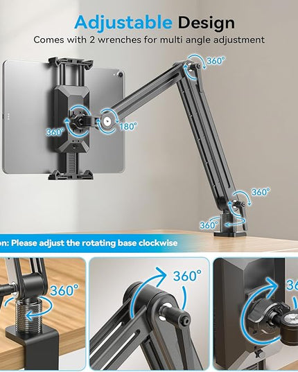 Adjustable Portable Monitor Stand 15.6" - 360° Rotating Base Tall Tablet Desk Arm Holder Stand for iPad Air/Pro/Mini Swivel Flexible Bed Clamp Mount Soporte para Tablet/Monitor Portatil/Ereader
