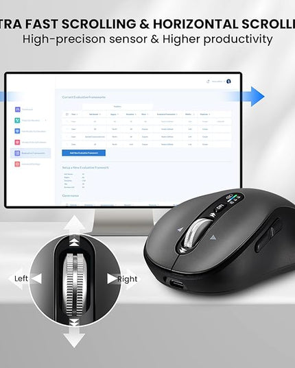 Wireless Bluetooth Mouse,Multi Device Ergo Computer Mouses,Metal 4-Way Super Scrolling,± 3200 DPI,10 Buttons,Plug&Play,Quiet,Rechargeable,USB Cordless Mice for Laptop,Tablet,Mac,iPad,PC,Phone (Grey)