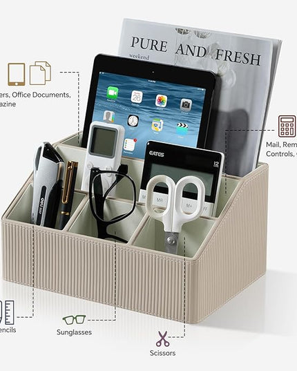 Cretkhp Remote Control Holder with 5 Compartments for Office Art Supplies, PU Leather Nightstand Organizer Pencil Pen Desk Caddy for Home, Desktop TV Remote Control Organizer Storage (Striped Beige)