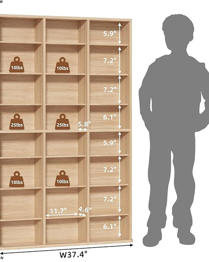 LELELINKY 8 Tier Tall Display Cabinet, Natural Media Storage Cabinet with Adjustable Shelves, Free Standing DVD Organizer Shelf, Floor multimedia storage manga bookshelf for Living Room & Home Office.