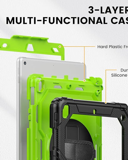 Timecity Case for iPad 9th/ 8th/ 7th Generation 10.2 inch - Heavy Duty Protective Cover with Screen Protector, Rotating Stand, Shoulder Strap & Pencil Holder | Kids-Friendly (Green)