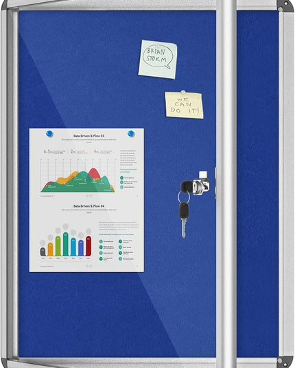 Mifuro 26"x20" Enclosed Bulletin Board, Lockable Weather-Resistant Aluminum Cork Noticeboard for School & Office, Silver Frame w/Blue Flet
