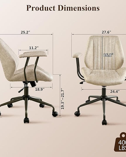 Mid Century Modren Office Chair - Fuax Leather Suede Brown Executive Chairs Ergonomic Mid Back with Lumbar Support, Swivel Computer Desk Task Chair with Wheels for Home Office (Beige, Mid Back)