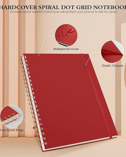 Dotted Notebook, Spiral Notebook Journal 8.5” x 11”, A4 Large Dot Grid Notebooks for Women Men, 100 GSM Dotted Paper, Plastic Hardcover Spiral Bullet Journals for Work School Sketching, Red