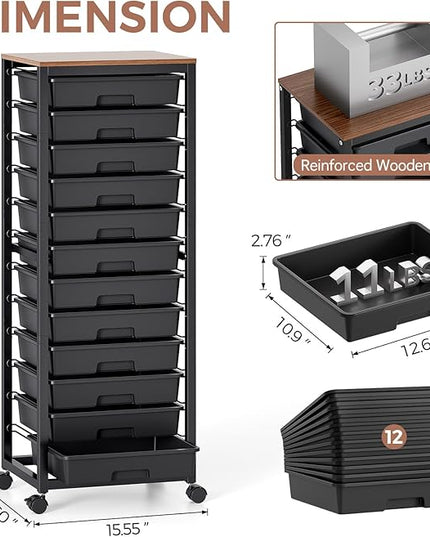 Rolling Cart with Drawers,12 Drawer Rolling Cart,Rolling storage cart with drawers,Black Rolling Drawer Cart,Teacher Rolling Cart for Classroom Storage,Craft Cart with Wooden Tabletop